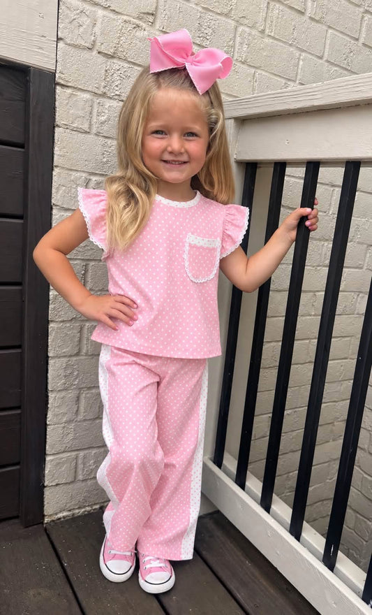 PINK / WHITE POLKA DOT KNIT PANT SET (polka)