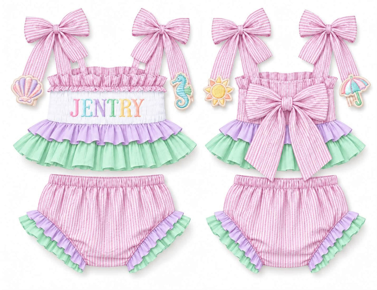 PINK SEERSUCKER 2 PIECE NAME SWIMSUIT (birthday)