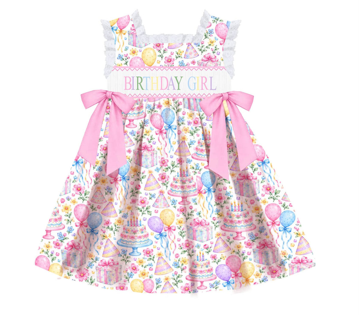 HAND SMOCKED HAPPY BIRTHDAY DRESS w/ BOWS (birthday)