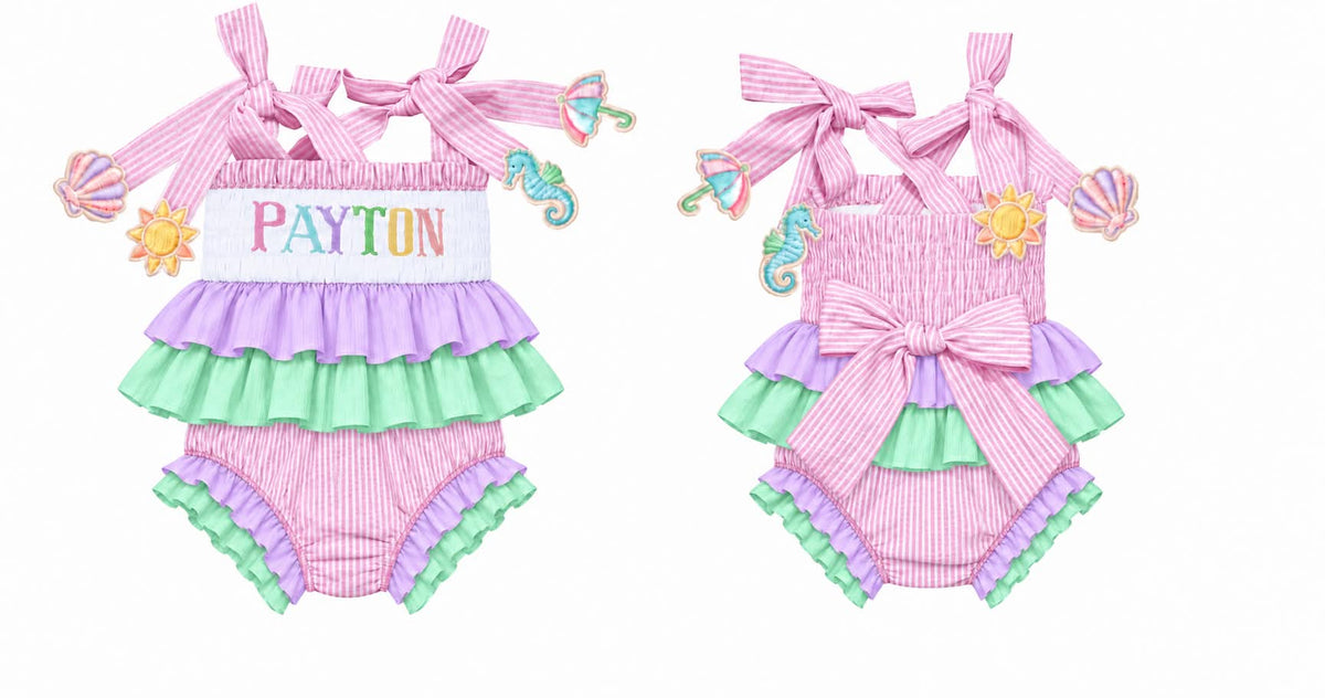PINK SEERSUCKER 1 PIECE NAME SWIMSUIT (birthday)