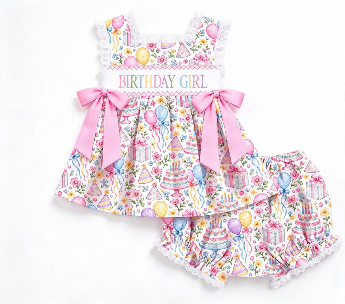 HAND SMOCKED HAPPY BIRTHDAY BLOOMER SET w/ BOWS (birthday)