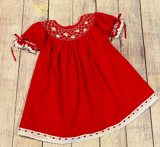 RED CORDUROY SANTA GEOMETRIC FULLY LINED DRESS