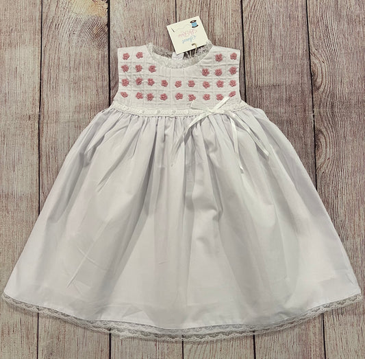 WHITE DRESS w/ PINK EMBROIDERED FLOWERS WITH WHITE RIBIBON ( fully lined )